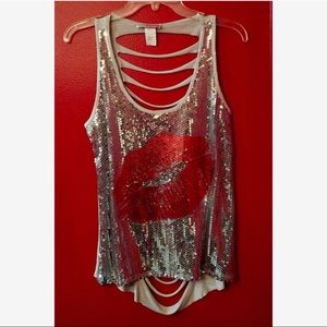 Silver and red sequin lipstick tank
